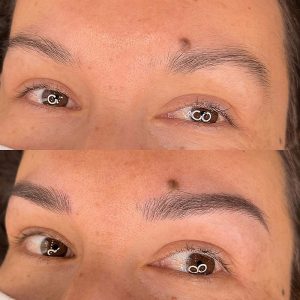 Nano brows with fine, crisp strokes created by machine – best semi-permanent brow technique for all skin types at Lash Pilot Newport Beach.