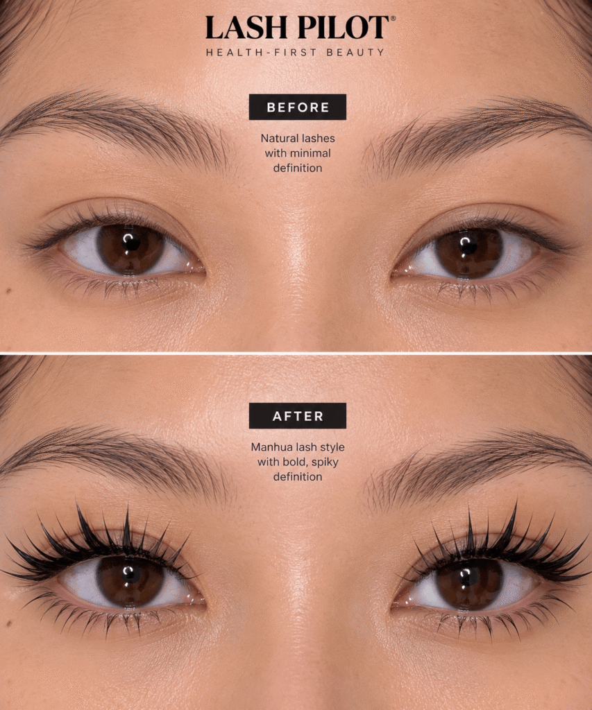 Before and after custom Anime lash extensions at Lash Pilot Newport Beach