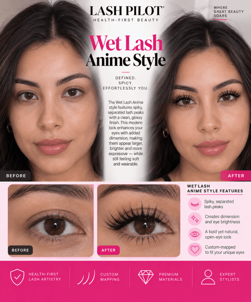 Wet-look Anime lash extensions by Lash Pilot Newport Beach